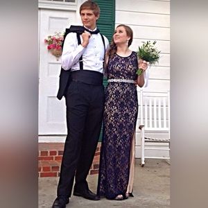 Jodi Kristopher Navy Blue Lace Formal Prom Dress EUC